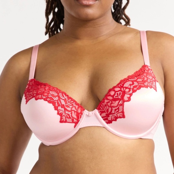 NWT Joyspun pink and red lace satin plunge neckline bra - Picture 1 of 4